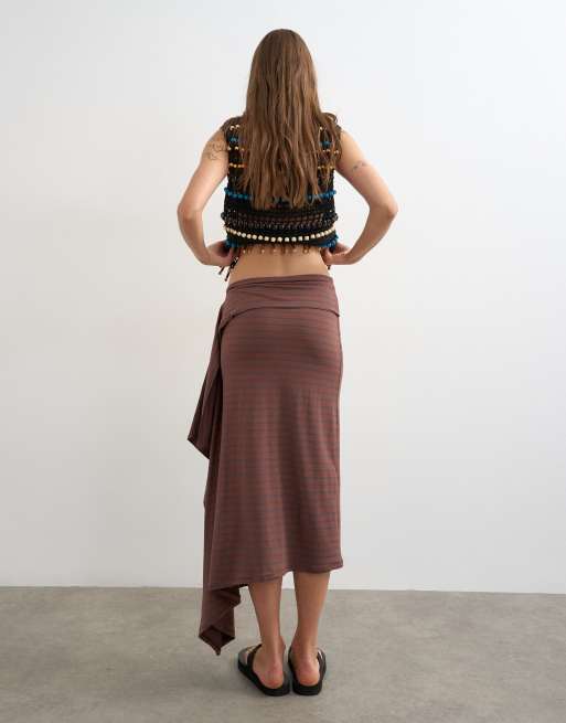 Topshop - Brun midinederdel med drapering og striber, 5 af 5