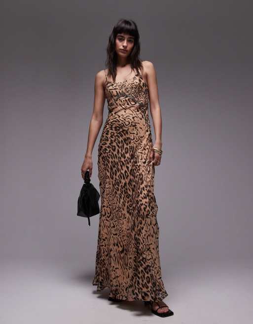 Topshop - Brun og udsmykket slip-maxikjole med dyreprint, 4 af 4