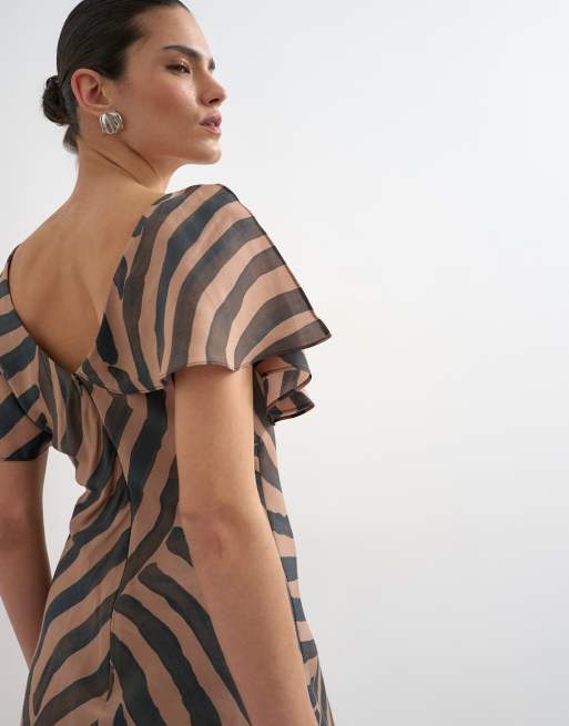 Topshop – Brun, randig, asymmetrisk miniklänning med abstrakt mönster, 4 av 4