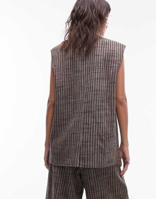 Topshop – Brun, randig kostymväst i linnetyg och oversize, del av set, 3 av 4