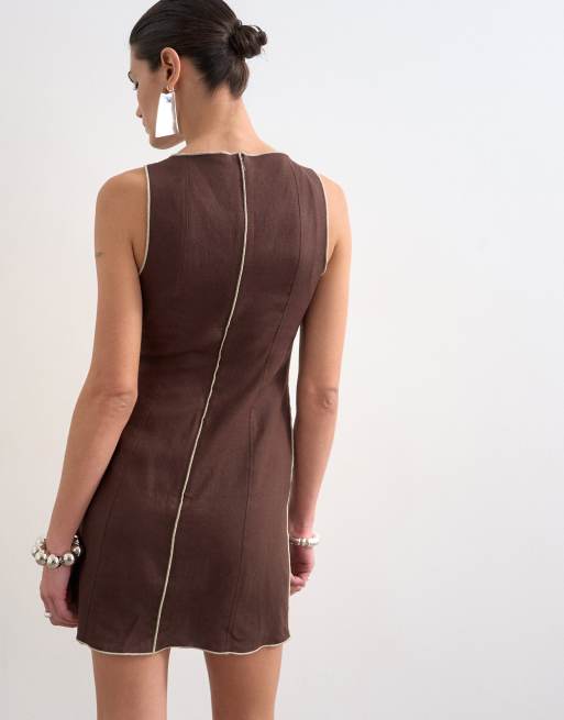 Topshop - Brun shift-kjole i hørmateriale i minilængde med syningsdetaljer, 3 af 4