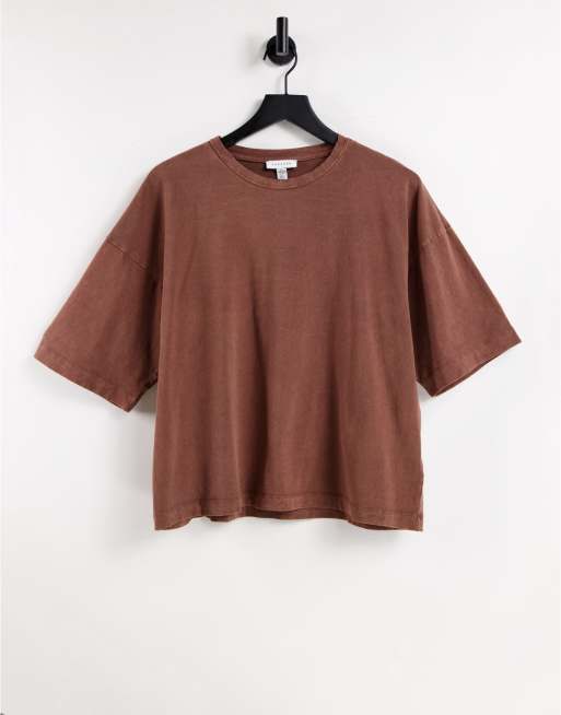 Topshop – Brun stentvättad t-shirt i oversize