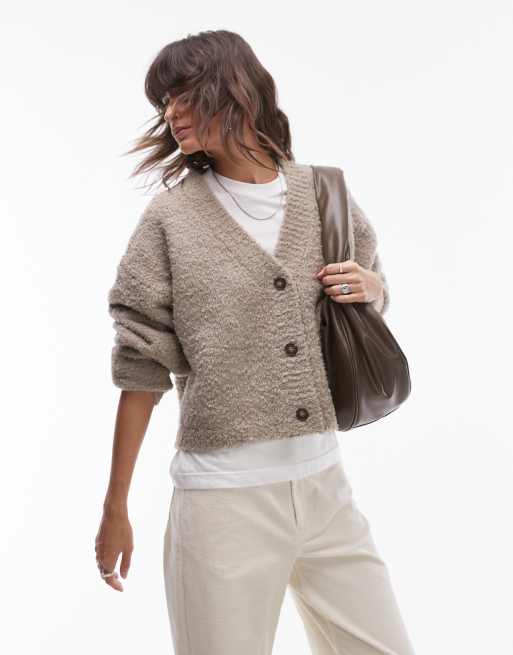 Topshop – Brun, stickad kofta med v-ringning i oversize av bouclé