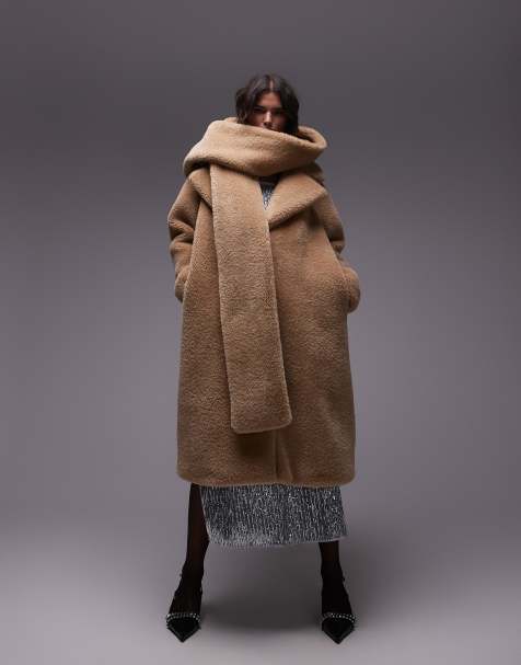 Topshop - Brun super-oversized statement-frakke med hættetørklæde i teddy-stof - view 1