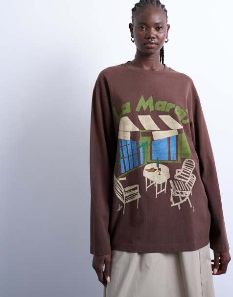 Topshop – Brun t-shirt i skaterstil med 'La Marais'-tryck - view 1