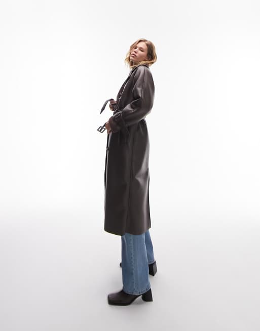 Topshop – Brun trenchcoat i läderimitation med bunden teddy, 3 av 4