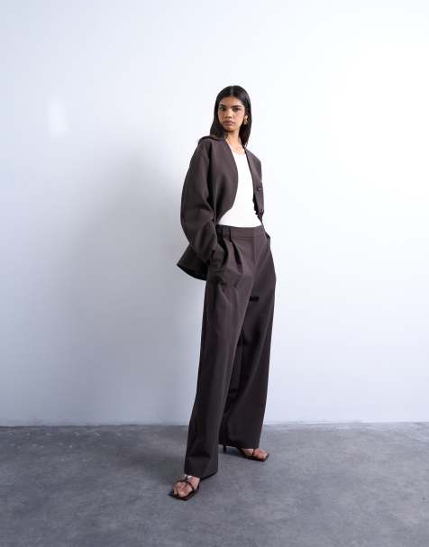 Topshop – Bruna kostymbyxor med dubbla veck, del av kostym - view 1