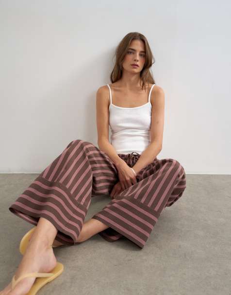Topshop – Bruna och rosa, randiga byxor med vida ben och knytning i midjan - view 1