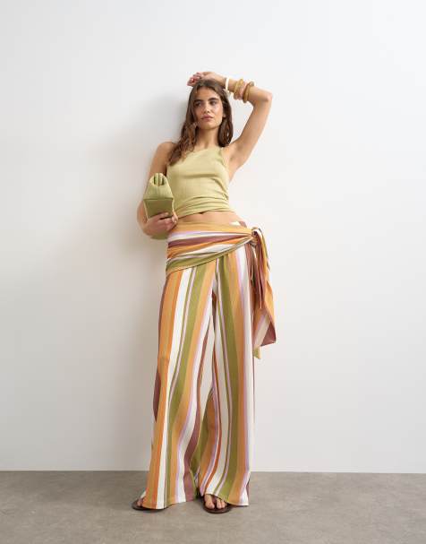 Topshop - Brune bukser med læg og slå-om-design samt tørklædedetalje og striber - view 1