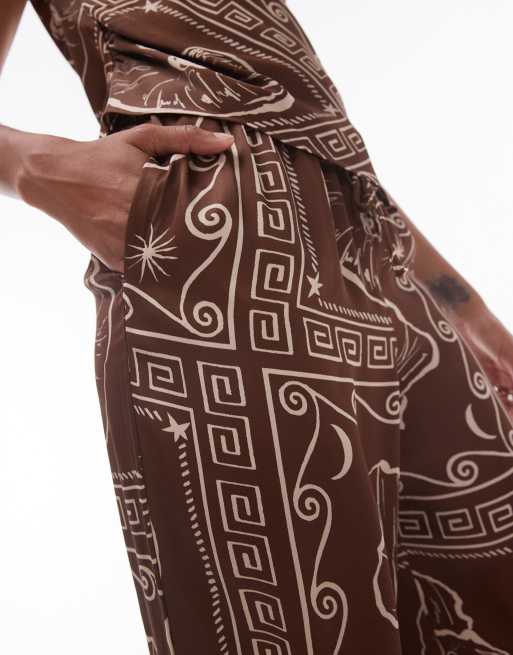 Topshop - Brune satinbukser med brede ben, bindetalje og skalprint, 2 af 5