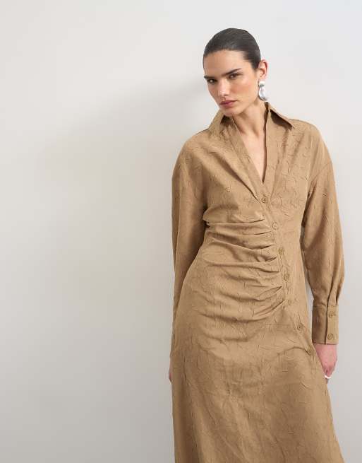 Topshop – Brungrå, långärmad midiklänning med rysch och öppen krage, 3 av 4