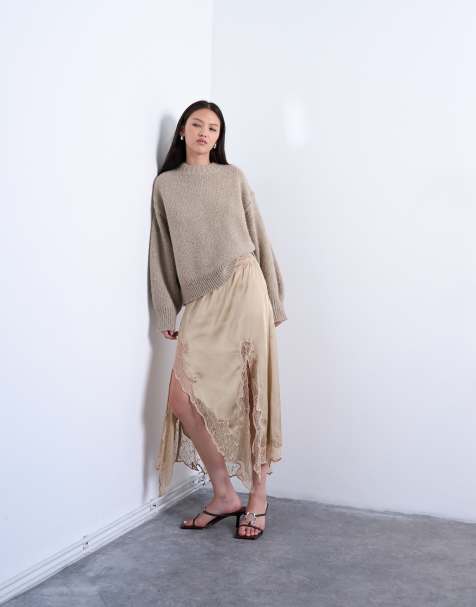 Topshop – Brungrå midikjol i satin och spets med ojämn fåll - view 1