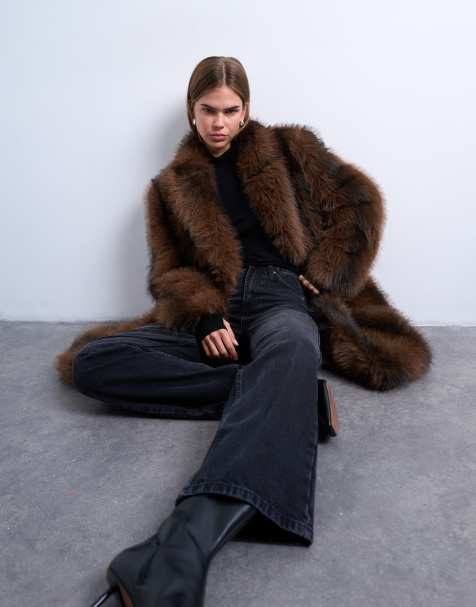 Topshop – Brunrandig, lång fuskpälskappa - view 1