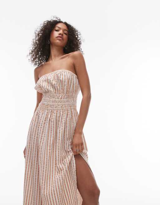 Topshop – Brunrandig, strukturerad strandklänning i bandeau-modell