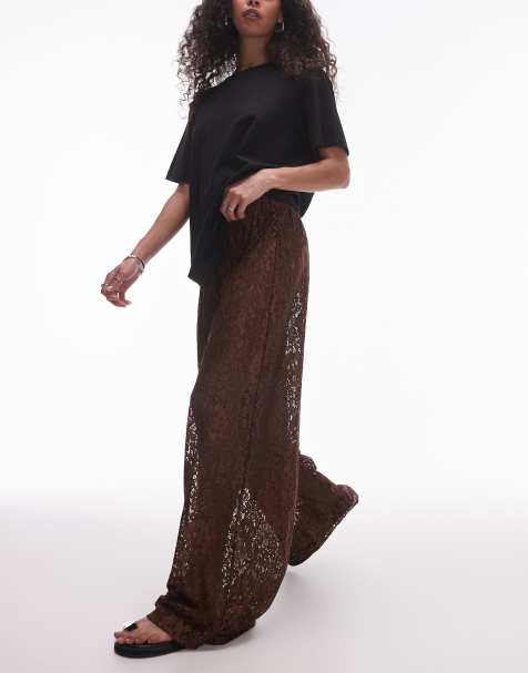 Topshop – Brunt set i spets med linne och vida byxor - view 1