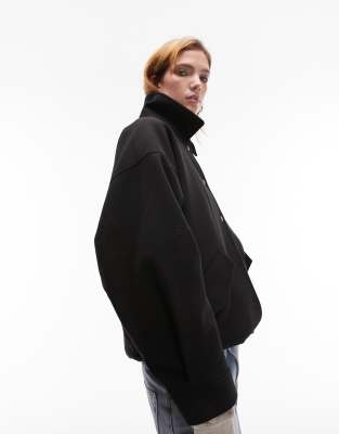 Topshop Brushed Bomber Jacket With Snaps In Black In Black