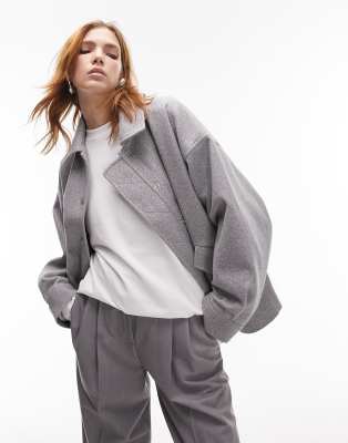 Topshop Brushed Bomber Jacket With Snaps In Gray Heather-black In Black