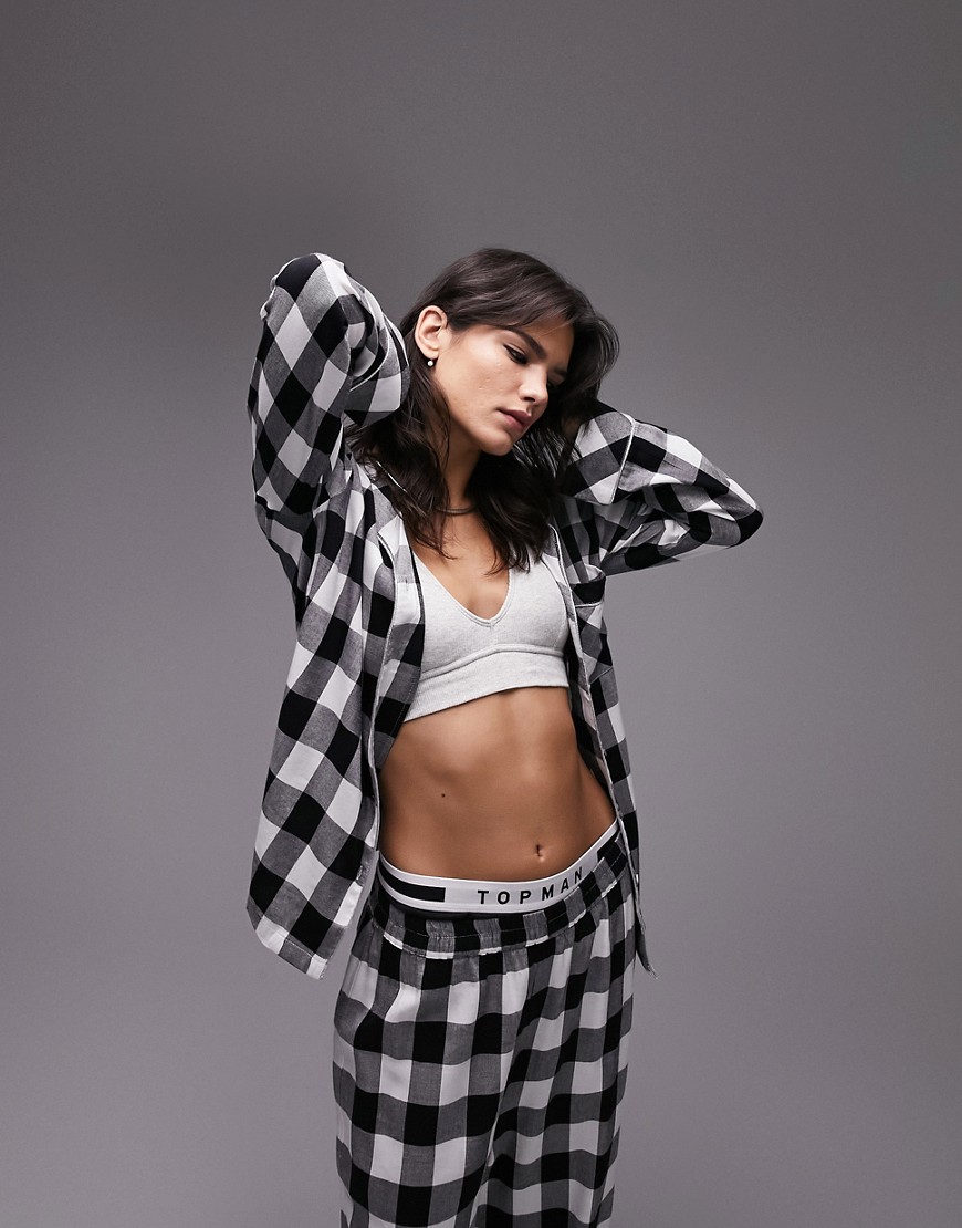 Topshop brushed check piped shirt and pants pajama set in monochrome-Multi