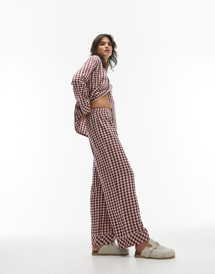 Topshop brushed check piped shirt and pants pajama set with eye mask and gift bag in burgundy-Red
