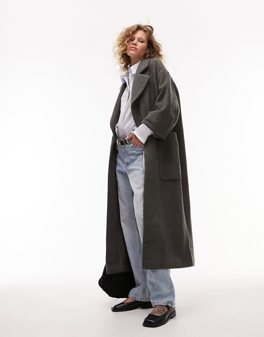 Topshop brushed chuck-on coat with patch pockets in charcoal-Grey