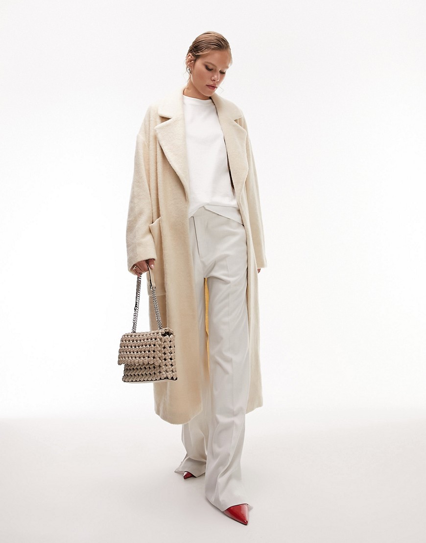 Topshop brushed chuck-on coat with patch pockets in off-white-Brown