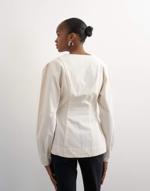 Topshop brushed cotton cocoon sleeve structured button through top in ecru, 2 of 4