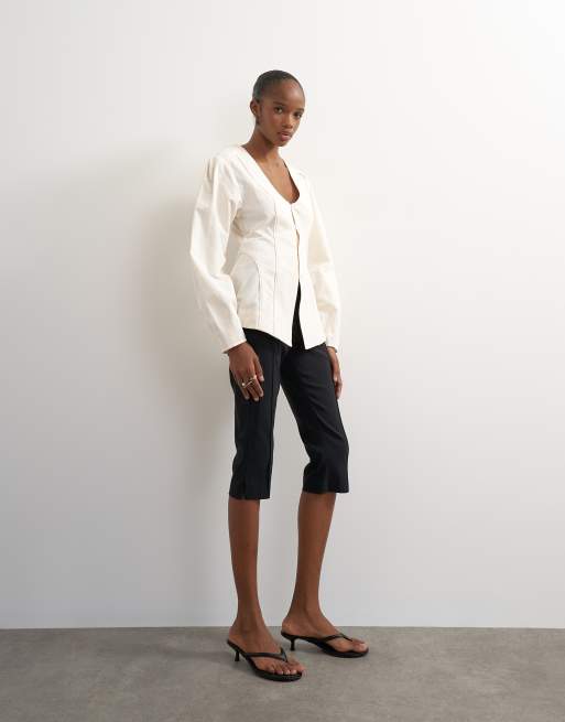 Topshop brushed cotton cocoon sleeve structured button through top in ecru, 4 of 4