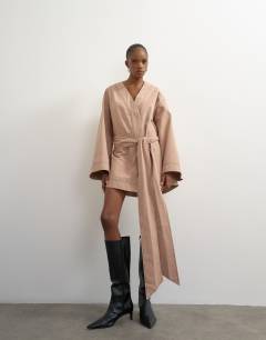 Brushed cotton tie front wrap mini dress in taupe