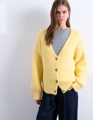 Topshop Brushed Fluffy Knit Cardigan In Yellow