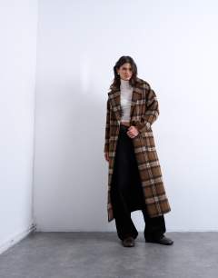 Brushed formal coat in brown check