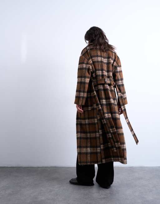 Topshop brushed formal coat in brown check, 3 of 4