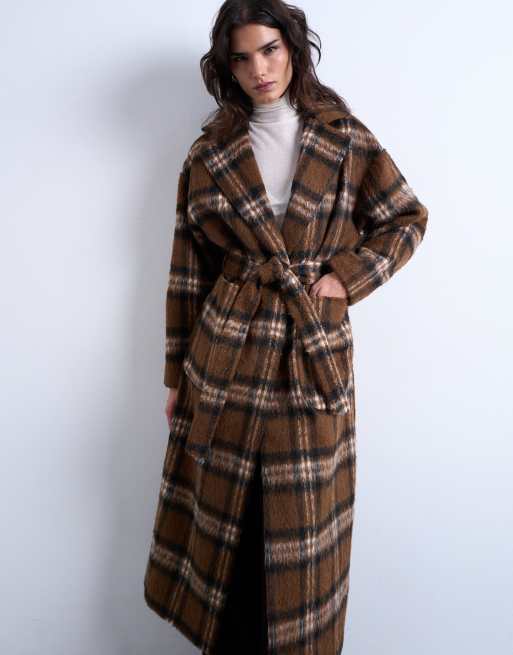 Topshop brushed formal coat in brown check, 4 of 4