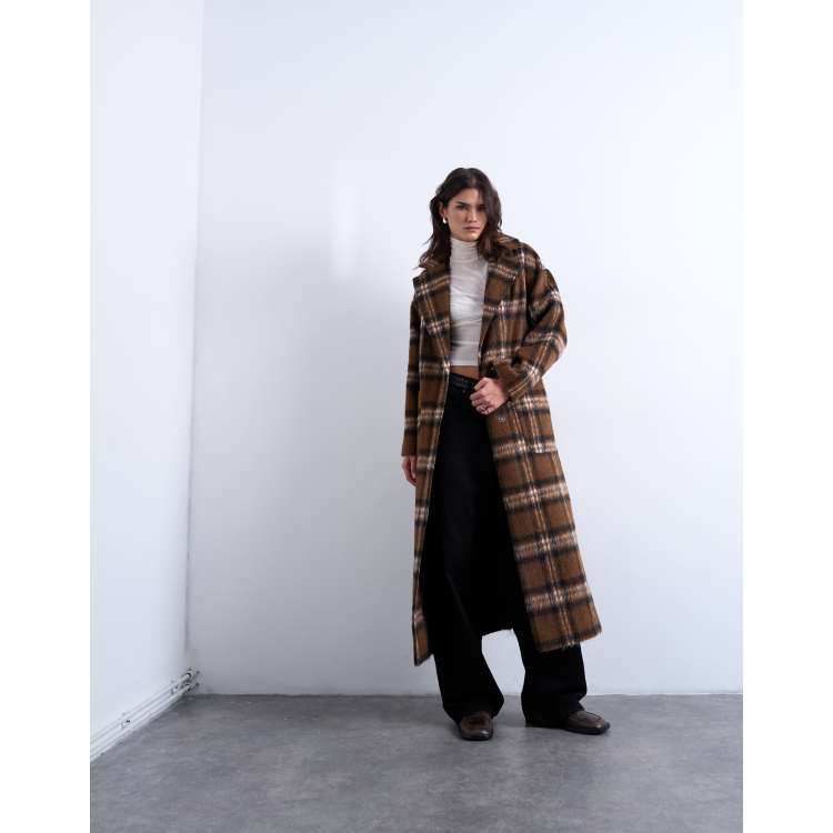 Topshop brushed formal coat in brown plaid | ASOS