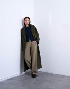 Model wearing Brushed formal coat in green check