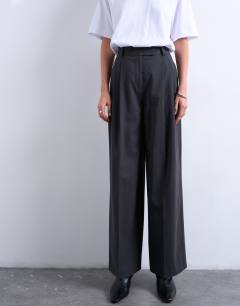 Model wearing Brushed high waisted two pleat tailored trouser in dark grey