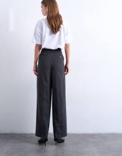 Model wearing Brushed high waisted two pleat tailored trouser in dark grey