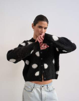 Topshop brushed knit polka-dot cardigan in black and white | ASOS