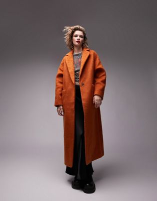Topshop brushed long coat with patch pockets in burnt orange