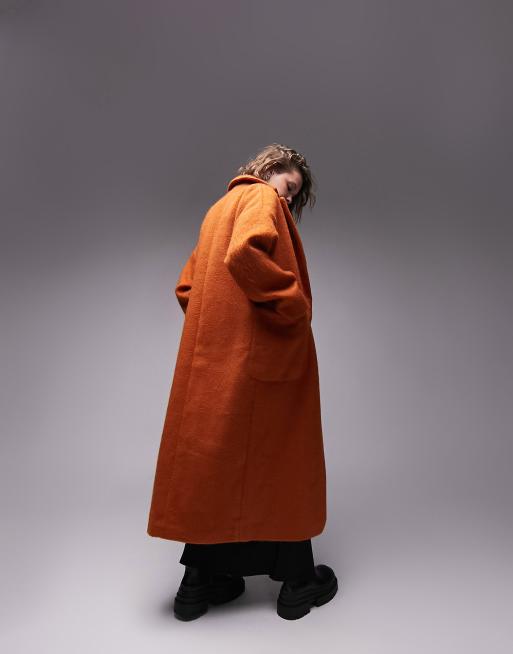 Topshop brushed long coat with patch pockets in burnt orange | ASOS 