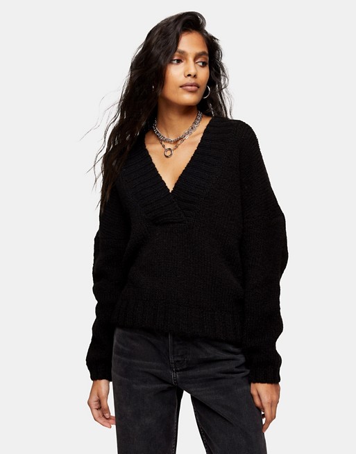 Topshop brushed longline knitted jumper in black