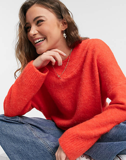 Topshop brushed longline knitted jumper in red