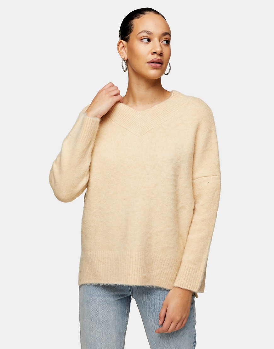 Topshop brushed longline knitted sweater in ivory-White