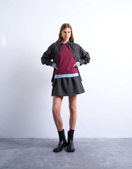 Topshop brushed low rise flippy mini micro skirt in charcoal pinstripe