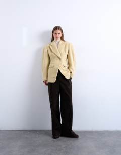 Model wearing Brushed ovoid sleeve cinch waist blazer coat in buttermilk