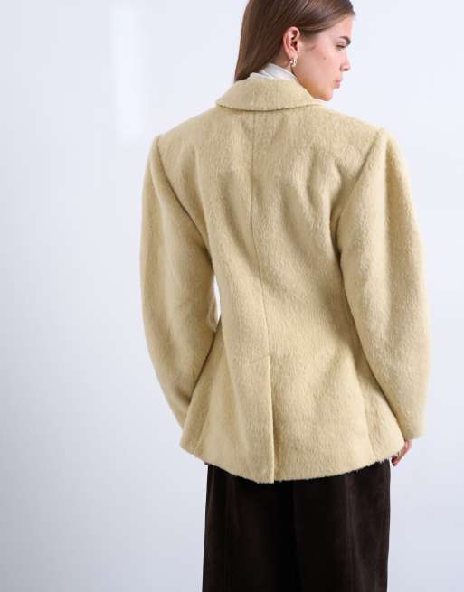 Topshop brushed ovoid sleeve cinch waist blazer coat in buttermilk, 4 of 4