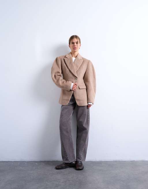 Topshop brushed ovoid sleeve cinch waist blazer coat in camel, 2 of 4