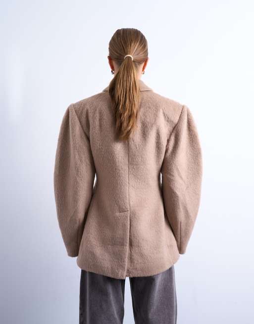 Topshop brushed ovoid sleeve cinch waist blazer coat in camel, 4 of 4