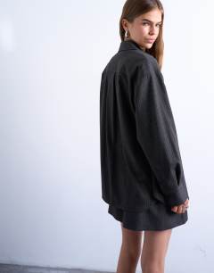 Model wearing Brushed pinstripe tailored shirt in charcoal