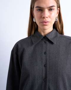 Model wearing Brushed pinstripe tailored shirt in charcoal