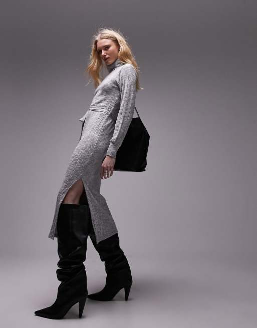 Topshop brushed ribbed turtle neck midi dress in gray